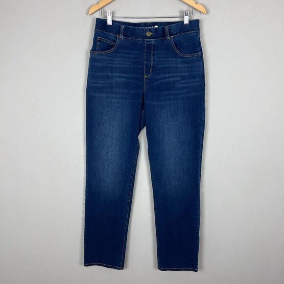 Betabrand Jeans Women Large Blue Denim Signature Mid-Rise Bootcut Pull On Pocket - Picture 1 of 10